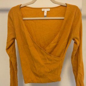 mustard ribbed Leith faux wrap top sweater